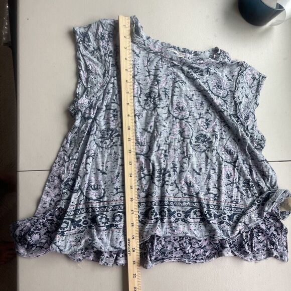 Free People T Shirt Oversized Dual Print Floral Blue Top Cap Sleeve Boxy XS Crew - Picture 13 of 16